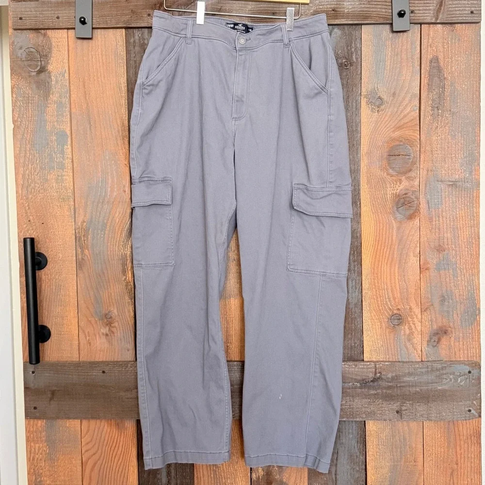 Hollister Mens Cargo Pants‎ Grey Blue Straight Leg Utility Trousers 34x28